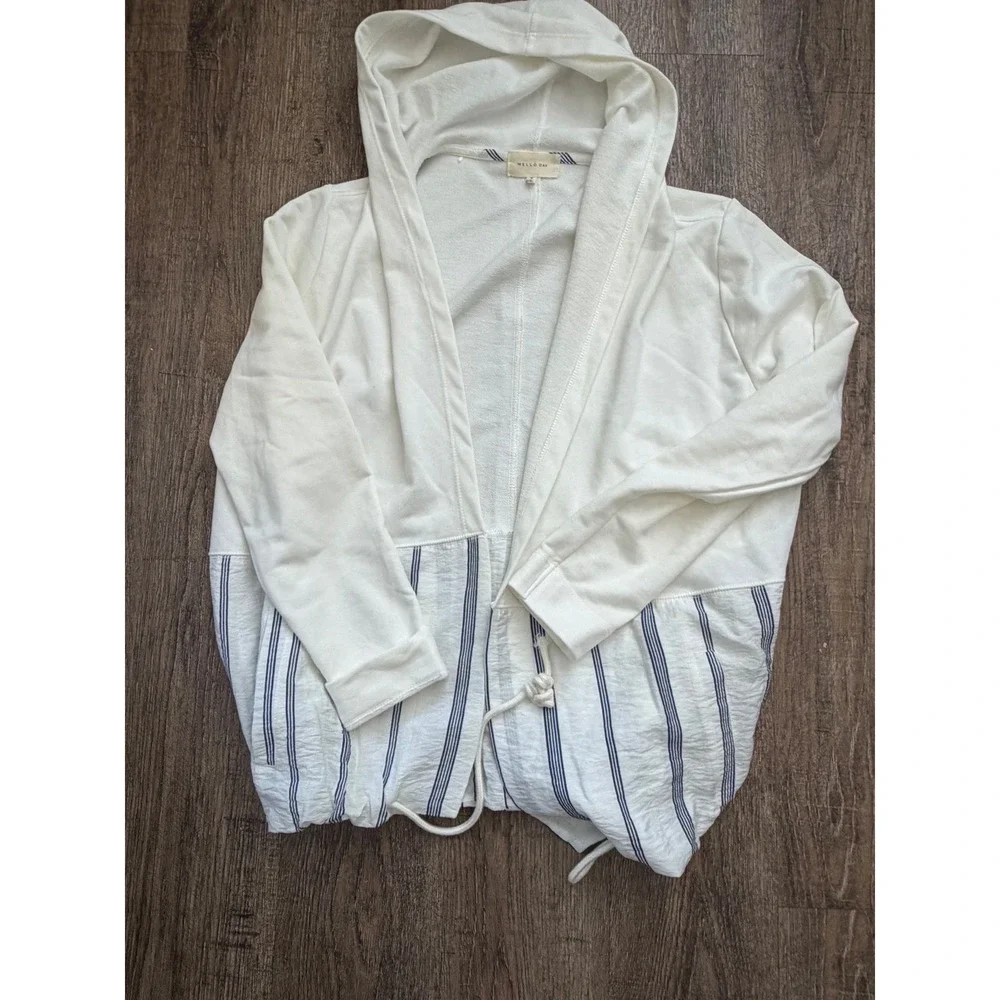 Mello Day Hooded Cardigan Womens Medium Cream Blue Striped Mixed Media Open Fron